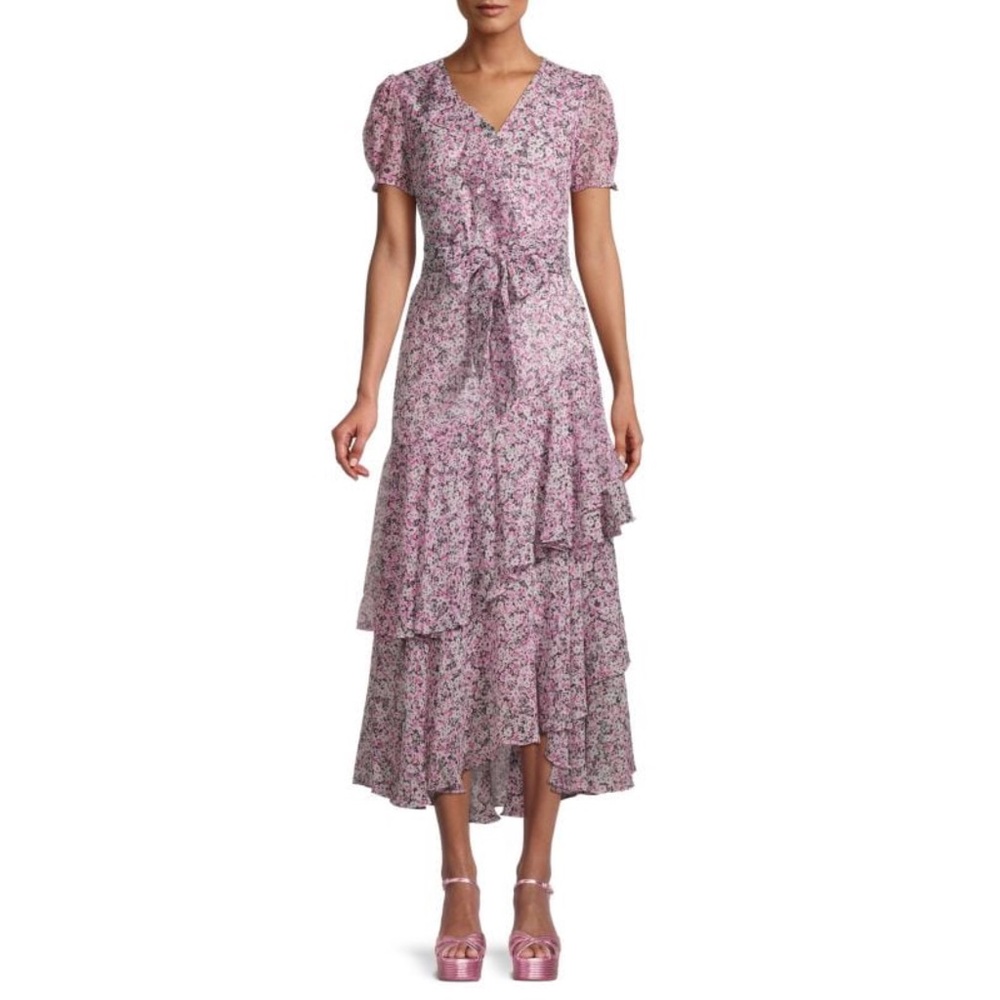 KARL LAGERFELD PARIS Floral Ruffle Midi Dress Pink Size 12